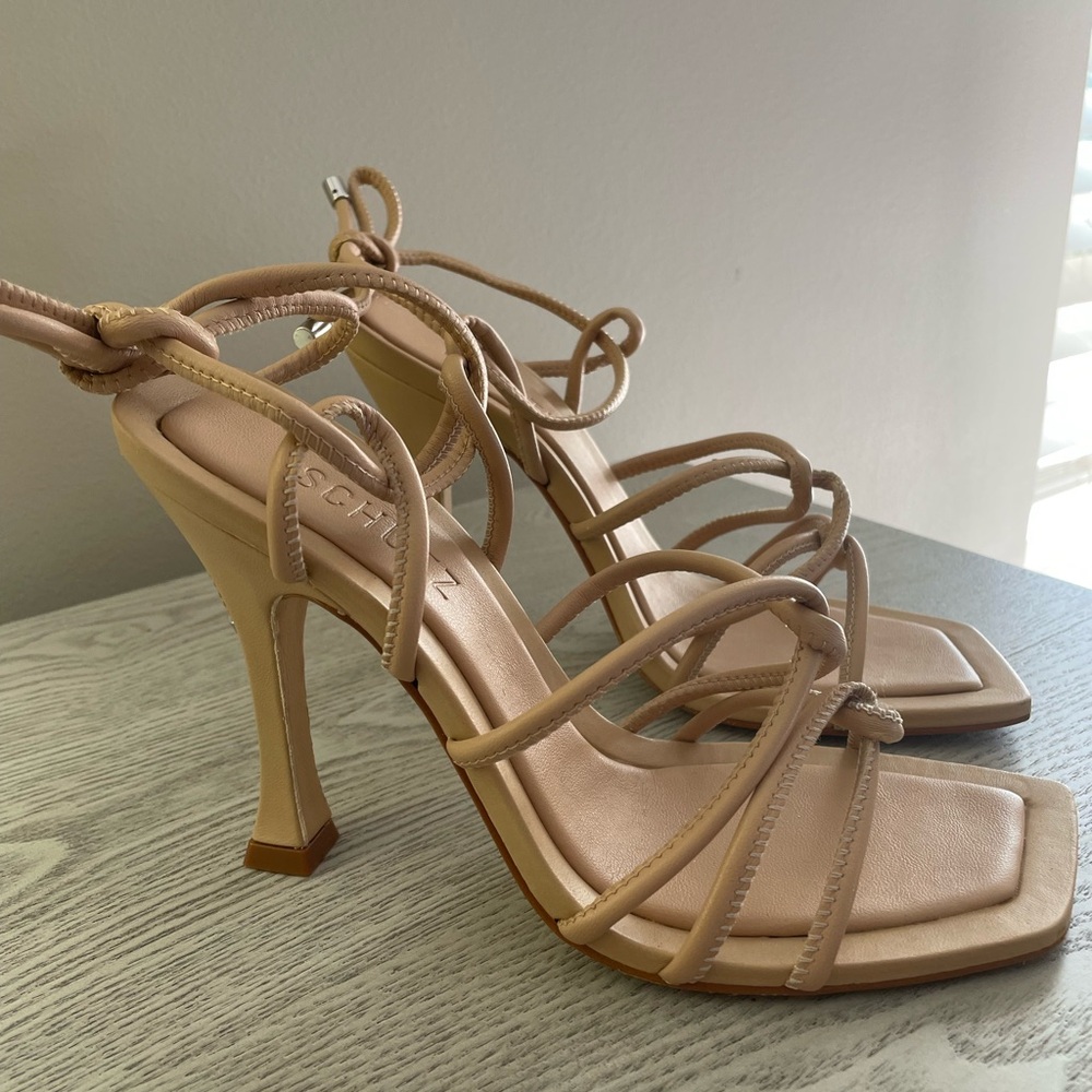 SCHUTZ Tan Strappy Square-Toe High Heel Sandals with Ankle Wrap